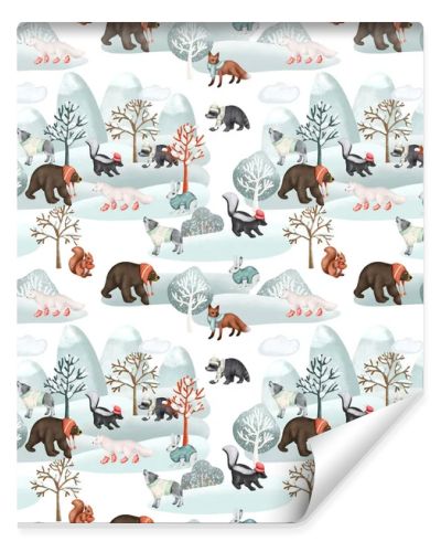 Seamless pattern of woodland animals in warm clothes in winter forest landscape, forest cute characters print, illustration on white background
