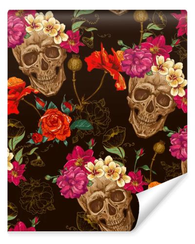 Skull and Flowers Seamless Background