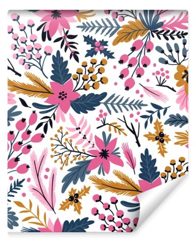 New year seamless pattern with branches, berries and flowers. Christmas floral hand drawn wrap paper or fabric design.