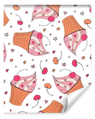 Cupcake with cream and cherry seamless pattern. Fresh bakery seamless texture. Hand drawn. Textile, packaging, wrapping paper, wallpaper design. I