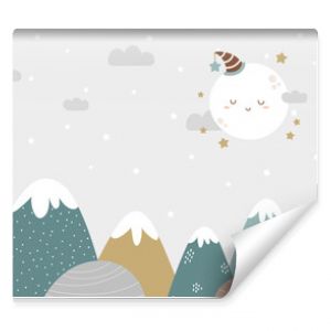 Seamless mountains and moon background in dusty pastel colors. For nursery room wallpaper, decoration, web banners, poster, etc.