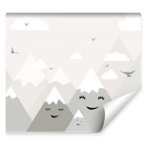 Wallpaper for a children's room with clouds and mountains. Decorative wall for the nursery. For nursery room wallpaper, decoration. Kids room.