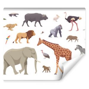 Płaski zestaw zwierząt afrykańskich Pojedyncze zwierzęta na białym tle Ilustracja wektorowa