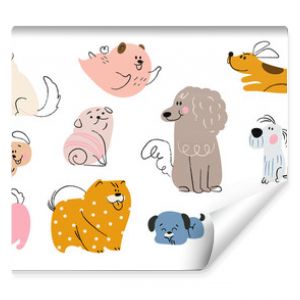 Zestaw wektorów doodle ślicznych psów Kolekcja projektów postaci z kreskówek lub szczeniąt z płaskim kolorem w różnych pozach Zestaw zabawnych pe