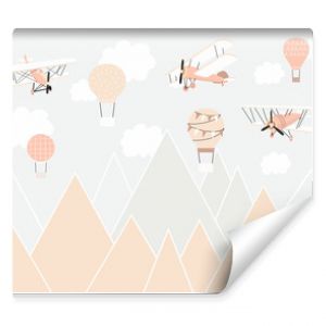 Vector color children hand drawn mountain, aircraft, plane and stars illustration in scandinavian style. Mountain landscape. Children's wallpaper. Mountainscape, children's room design, wall decor.