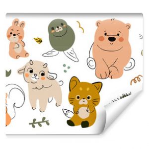 Set of cute animal vector. Friendly wild life with bear, sloth, deer, red panda, squirrel, duck in doodle pattern. Adorable funny animal and many characters hand drawn collection on white background.