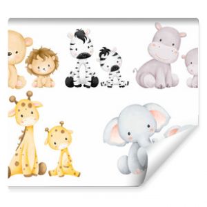 Akwarela ilustracja zestaw zwierząt safari mamy i dziecka