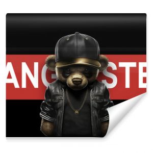 Cute, funny teddy bear in a cap and with a chain on a black background. Gangster kars slogan with a bear doll. Vector illustration
