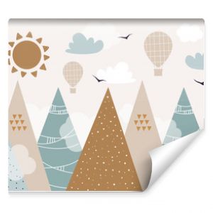 Vector hand drawn modern design of kids mountains. Mountains in doodle style. For children's wallpapers. Mountains, clouds, air balloon, sun and birds.