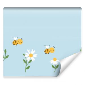Set of daisy flower with green leaves and bee cartoons on blue background vector illustration.