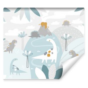 Vector children hand drawn mountain and cute dinosaurs illustration in scandinavian style. Mountain landscape, clouds. Children's tropical wallpaper. Mountainscape, children's room design, wall decor.