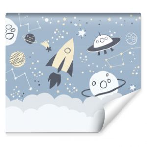 Children graphic illustration for nursery, wall, book cover, textile, cards. Interior design for kids room. Vector illustration with space theme