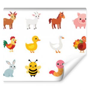 Collection of Cute Farm and domestic Animals Icons, vector flat cartoon illustration - cow, chicken, duck, goat, sheep, horse, pig, dog, cat, bee, llama, donkey.