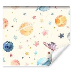 Whimsical Watercolor Space Pattern Featuring Planets, Stars, and Celestial Bodies in Soft Pastel Colors, Perfect for Children's Room Decor, Stationery, and Textile Designs