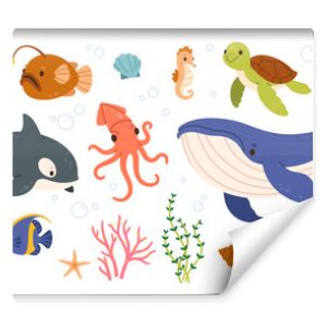 Sea animals. Ocean underwater aqua life. Marine wild animal. Childish tropical colorful fish, coral, algae and exotic elements. Funny whale, starfish, octopus, shrimp. Vector set.