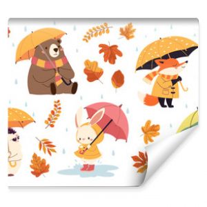 Set of flat vector illustrations in children's style. Cute animals in raincoats and with umbrellas. Hedgehog fox bear raccoon hare in the rain, fall leaves. Vector illustration