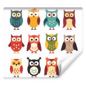 A collection of twelve cartoon owls in various colors and styles, each with unique expressions and features.