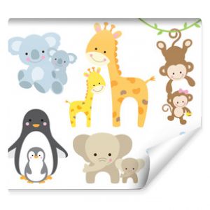 Ilustracja wektorowa zwierząt i dzieci, w tym koale, pingwiny, żyrafy, małpy, słonie, wieloryby