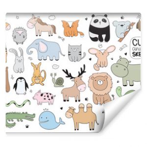 Vector cartoon big set of cute doodle animals