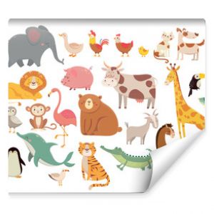 Cartoon animals. Cute elephant and lion, giraffe and crocodile, cow and chicken, dog and cat. Farm and savanna animals vector set