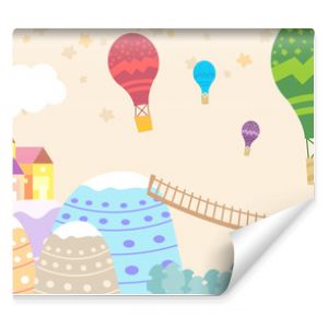 Graphic illustration for kids room wallpaper with house sky full of stars,stairs,hill,and air balloon. Can use for print on the wall, pillows, decoration kids interior, baby wear, t shirt, and card