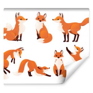 Cute cartoon fox set. Funny red fox collection. Emotion little animal. Cartoon animal character design. Flat vector illustration isolated on white background