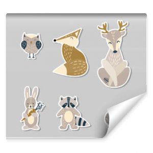 Set of cute cartoon woodland animals in scandinavian style on stickers. Flat vector illustartion.