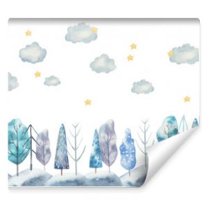 seamless pattern winter landscape, trees, clouds and stars watercolor childrens illustration on a white background, nursery room decor, print