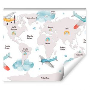 World map for kids with cute cartoon planes, clouds and rainbows. Children's map design for wallpaper, kid's room, wall art. America, Europa, Asia, Africa, Australia, Arctica. Watercolor illustration.