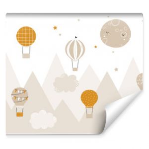 Vector children hand drawn doodle mountain illustration in scandinavian style. Mountain landscape, clouds, air balloons and cute moon. Kids wallpaper. Mountainscape, baby room design, wall decor.