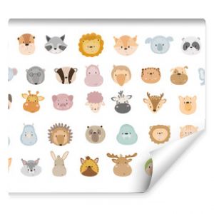 Vector collection of cute cartoon animal faces. Characters for children's books, cards, stickers, prints. Illustrations for kids.