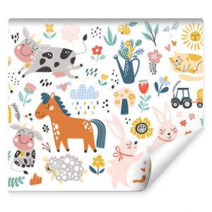 Izolowany zestaw z uroczymi zwierzętami hodowlanymi w stylu kreskówki Idealny projekt dla dzieci do owijania tkanin tekstylnych tapet odzieżowych