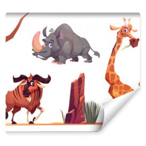 Dzikie zwierzęta afrykańskie zwierzęta w zoo Ilustracja kreskówka wektor ładny żyrafa gepard nosorożec hipopotam hiena gnu i sawanna