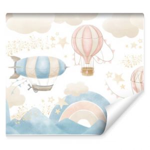 Wallpaper with Hot Air Balloons. Seamless wall paper for baby room. Pattern with clouds, rainbow and mountains for childish design. Blue and beige pastel colors