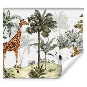 tropical jungle wallpaper design, giraffe, bird and leopard, hand drawing effect, wallpaper for kids room, interior design, mural art.