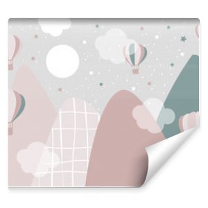 Vector hand drawn childish wallpaper with mountains, balloons and clouds. Modern 3D wallpaper for the children's room. Doodle style. 