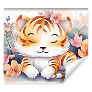 watercolor style illustration of happy tiger cub in flower blossom garden, idea for home wall decor, kid room, Generative Ai