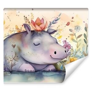 watercolor style illustration of happy hippo in flower blossom garden, idea for home wall decor, kid room, Generative Ai