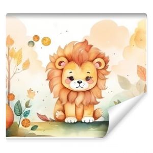 watercolor style illustration of happy lion cub in flower blossom garden, idea for home wall decor, kid room, Generative Ai