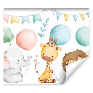 Watercolor illustration set of baby animals and balloon
