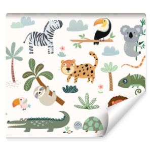 Kolekcja zwierząt safari i roślinności z uroczymi elementami izolowanymi na białym projekcie wektora przedszkola dla dzieci