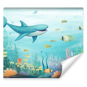 Underwater adventure: vector illustration of children and sea creatures for nursery wall and kids room