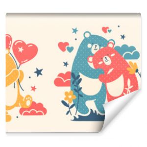 Large Doodle vector collection of funny, cute bears and hearts. Love, happiness concept for Valentine's Day, 14 February. Naive flat illustration. Hand drawn Scandinavian style.