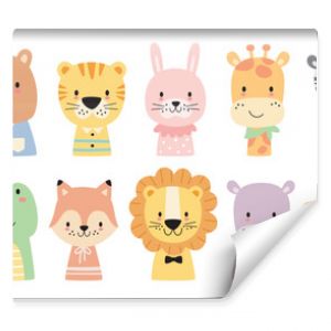 Cute wild woodland baby animal faces in pastel color vector illustration. Baby shower and nursery art animal set including a bear, tiger, lion, rabbit, giraffe, zebra, crocodile, fox, hippo and monkey