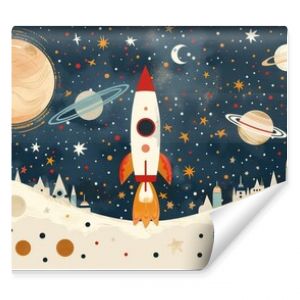 Space-themed wall decor for children's rooms featuring a cartoon rocket, planets, and vibrant mural artwork. AI technology used in the design process.