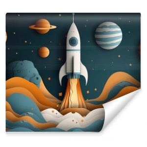 Dreamy space journey illustration with a friendly rocket, ideal for creative wallpapers and educational materials