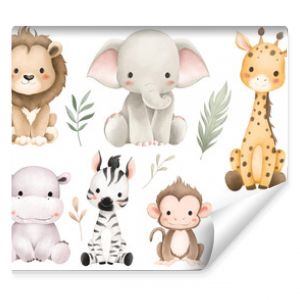 Watercolor Illustration Set of Safari Animals and Tropical Leaves