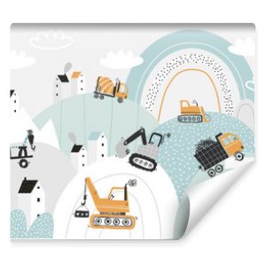 Vector children hand drawn cute construction cars, mountain landscape, houses. City. Boho trendy design. Scandinavian. Illustration. Kids wallpaper design. Baby room design, wall decor, mural.