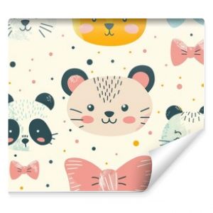 Cute animal faces and bows pattern on a cream background. Perfect for kids' products and nursery decor.