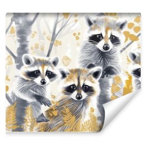 Whimsical Gouache Racoon Wallpaper: Delicate white and gold tones in an artful sketched aesthetic.